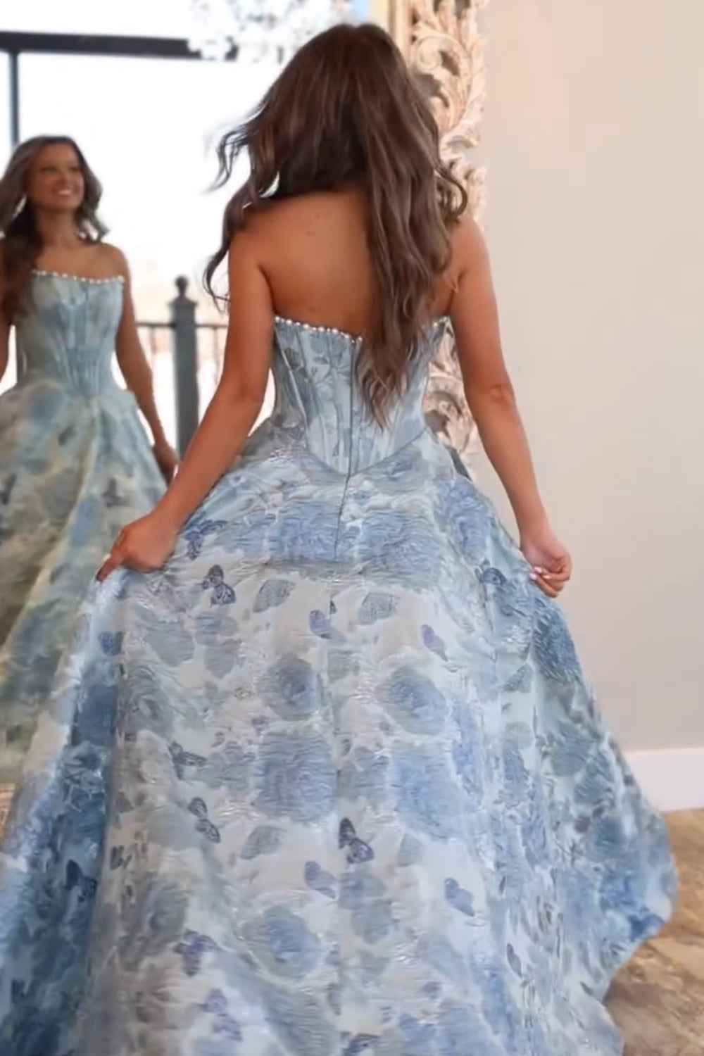 Sparkly Grey Blue Flower Strapless A-Line Long Corset Prom Dress with Beading