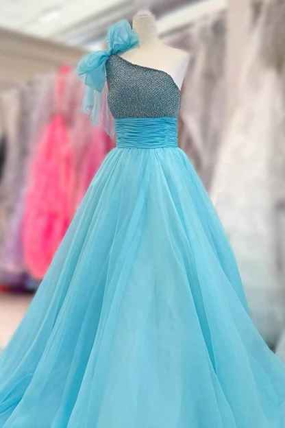 Sparkly Sky Blue A Line One Shoulder Long Prom Dress with Beading