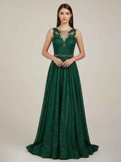 Green A Line Sweetheart Lace Appliques Long Prom Dress