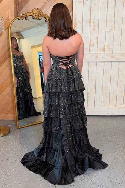 Sparkly Yellow Sweetheart A-Line Satin Ruffled Cut-Out Long Prom Dress with Beading