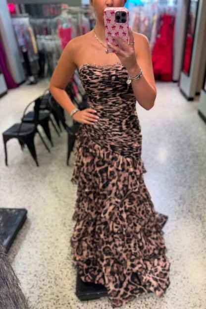 Sparkly Brown Leopard Beaded Strapless Tiered Long Prom Dress with Ruffles