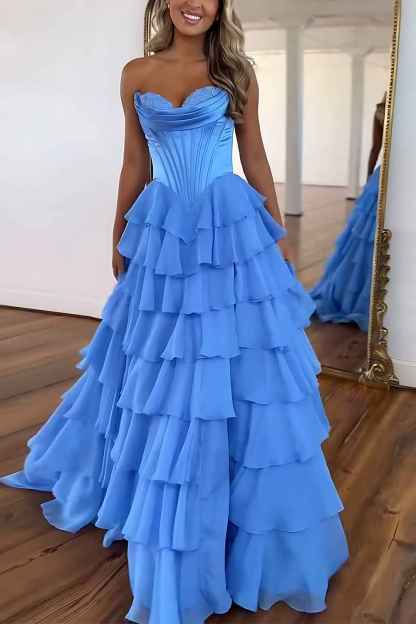 Blue Sweetheart Ruffled Long Corset Prom Dress with Slit