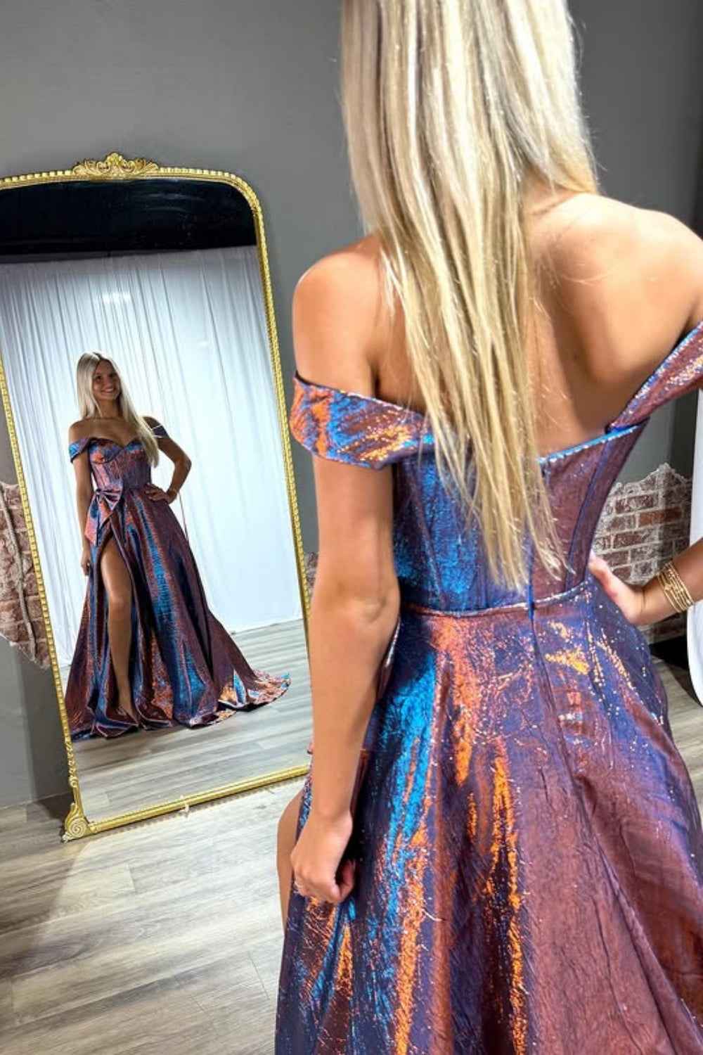 Sparkly Blue Off the Shoulder Metallic A-Line Long Corset Prom Dress with Bow