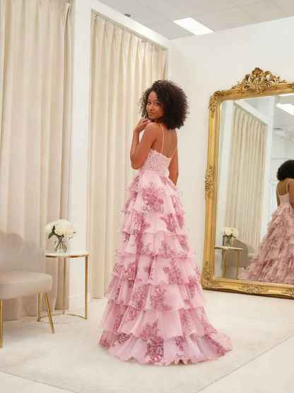 Blue Floral Tiered Ruffles High-Low Prom Dress with Beaded Bodice
