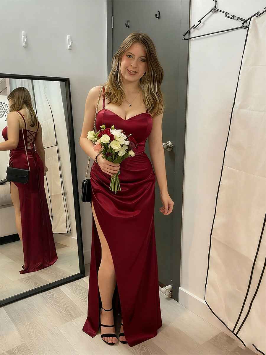 Burgundy Satin Spaghetti Strap Ruched Prom Dress with High Slit