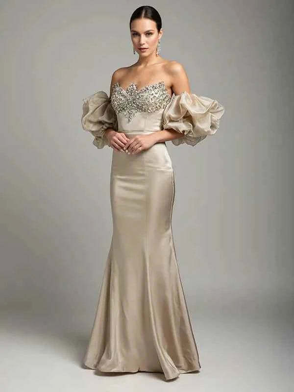 Evening dress Champagne color puff sleeve tube top mermaid floor lengt