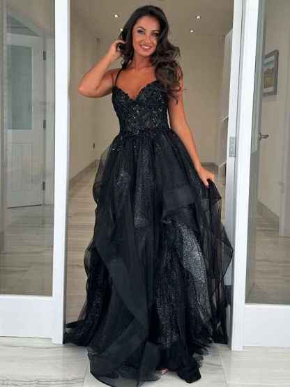 Sparkly Black A Line Spaghetti Straps Tiered Corset Tulle Long Prom Dress