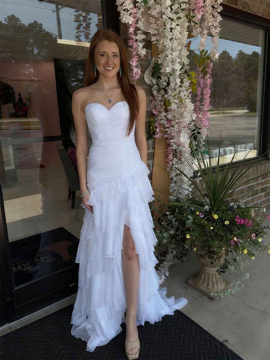Yellow Mermaid Sweetheart Long Tiered Tulle Prom Dress with Slit