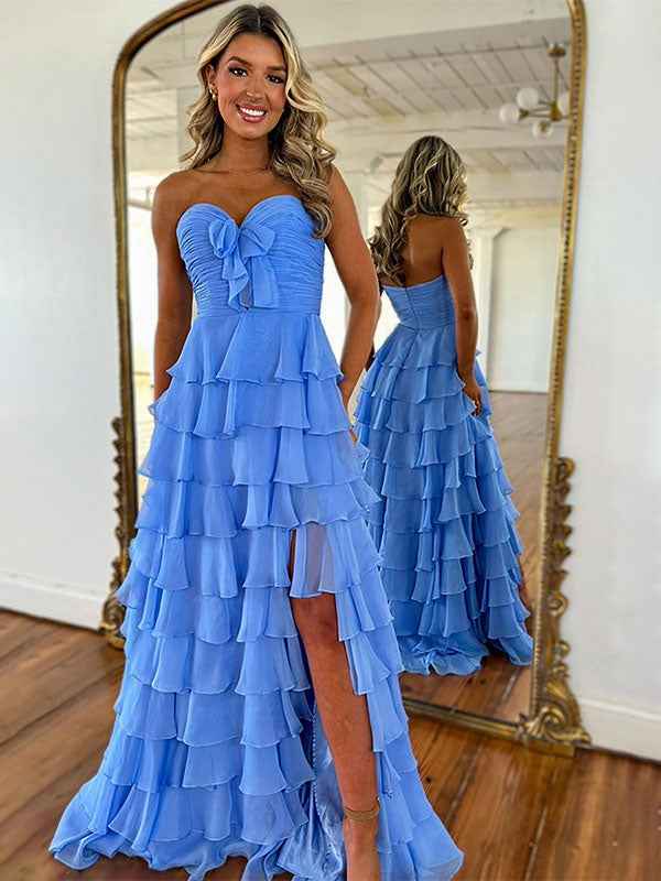 Fuchsia A-Line Sweetheart Chiffon Tiered Long Prom Dress with Slit