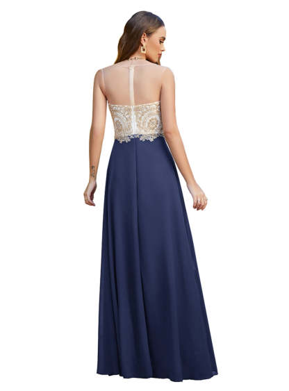 A-line Scoop Chiffon Appliques Floor-Length Dresses Dark Navy-BMbridal