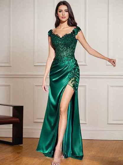 Green Sheath V Neck Long Appliqued Prom Dress With Slit