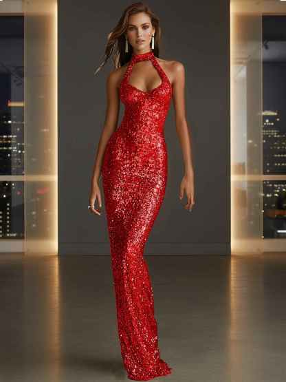 Glamorous Gold Sequin Halter Neck Mermaid Long Prom Dress