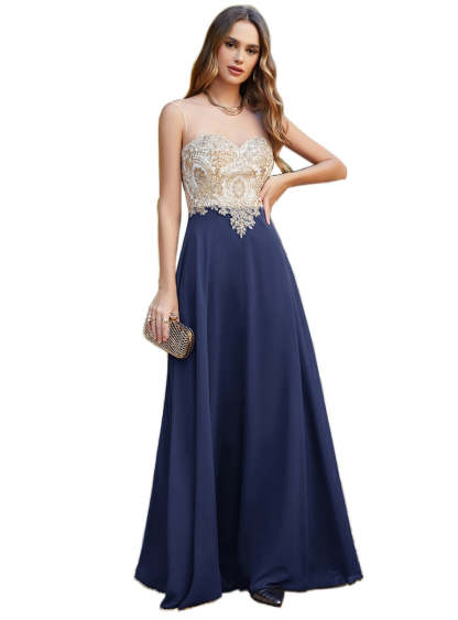 A-line Scoop Chiffon Appliques Floor-Length Dresses Dark Navy-BMbridal