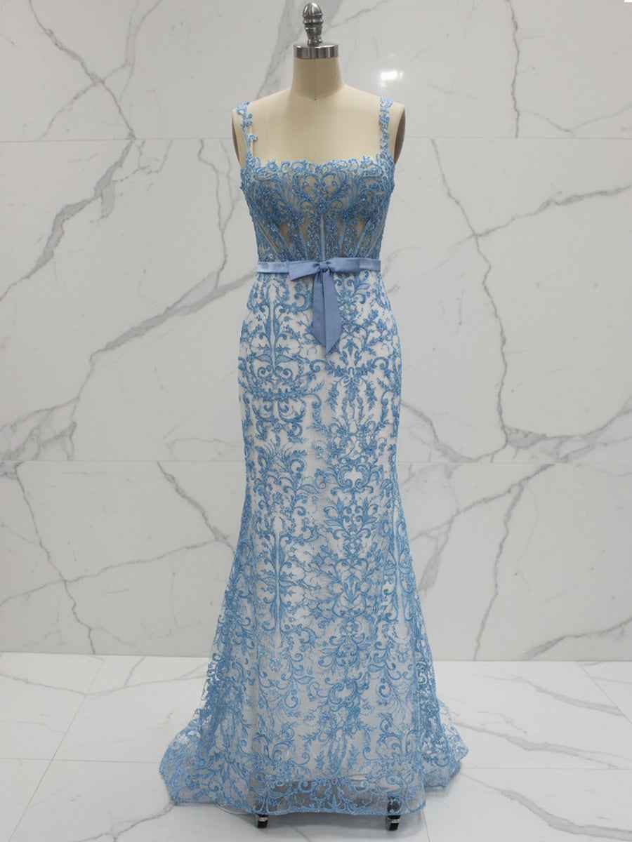 Blue Floral Sweetheart Spaghetti Straps Long Corset Prom Dress