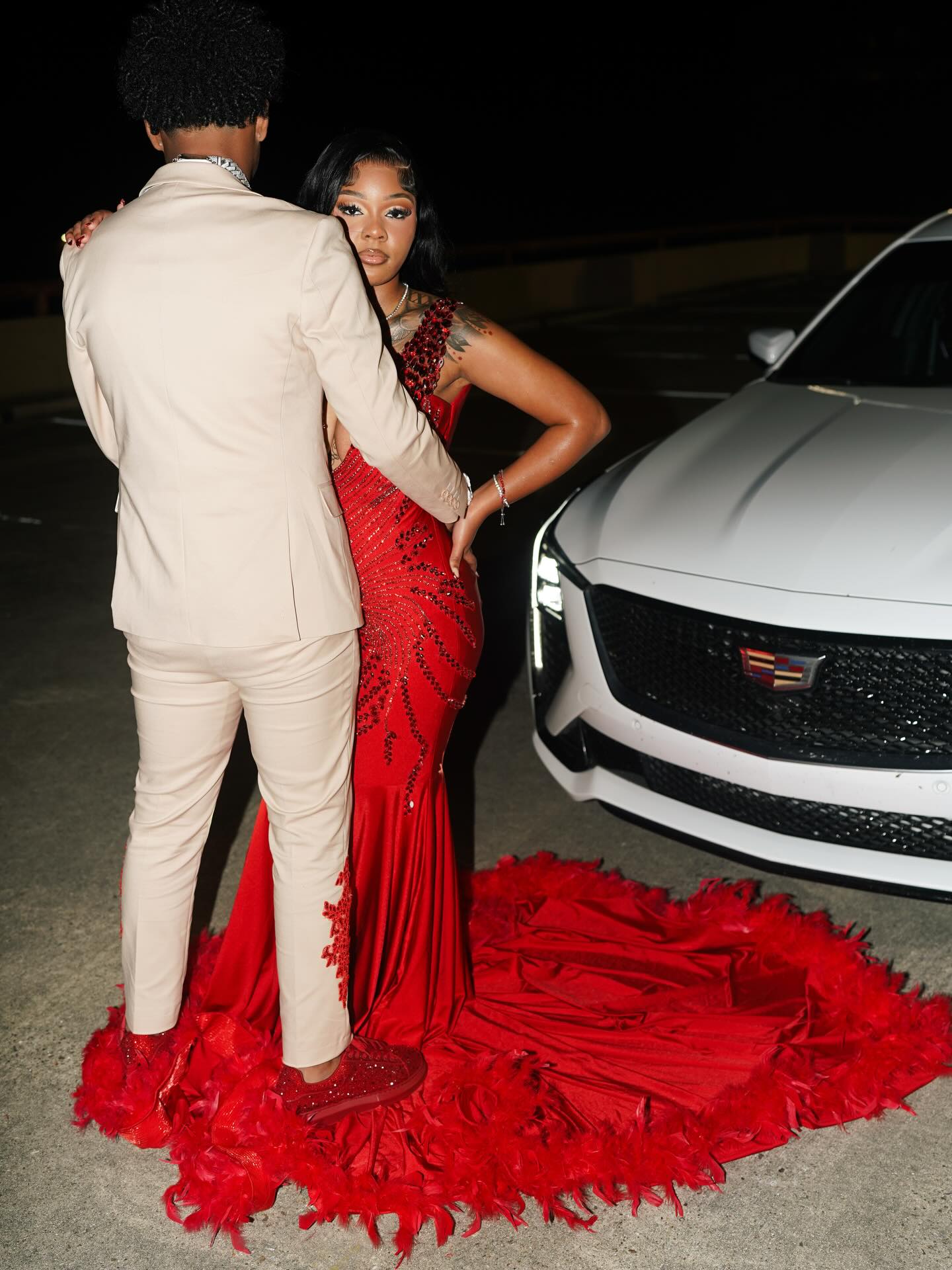 Red Sequin Beaded Mermaid Prom Dress with Feather Train