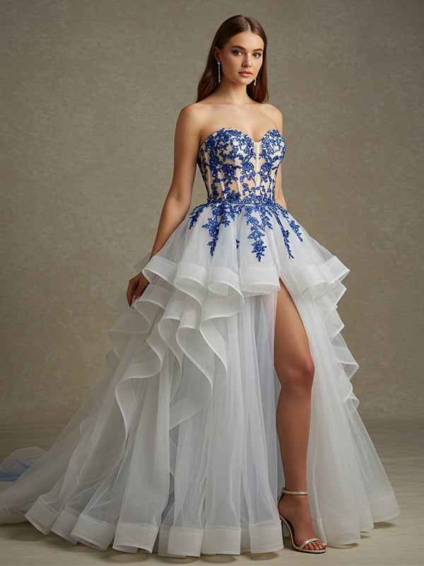 Ball-Gown/Princess V-Neck Off The Shoulder Sweep Train Tulle Prom Dress