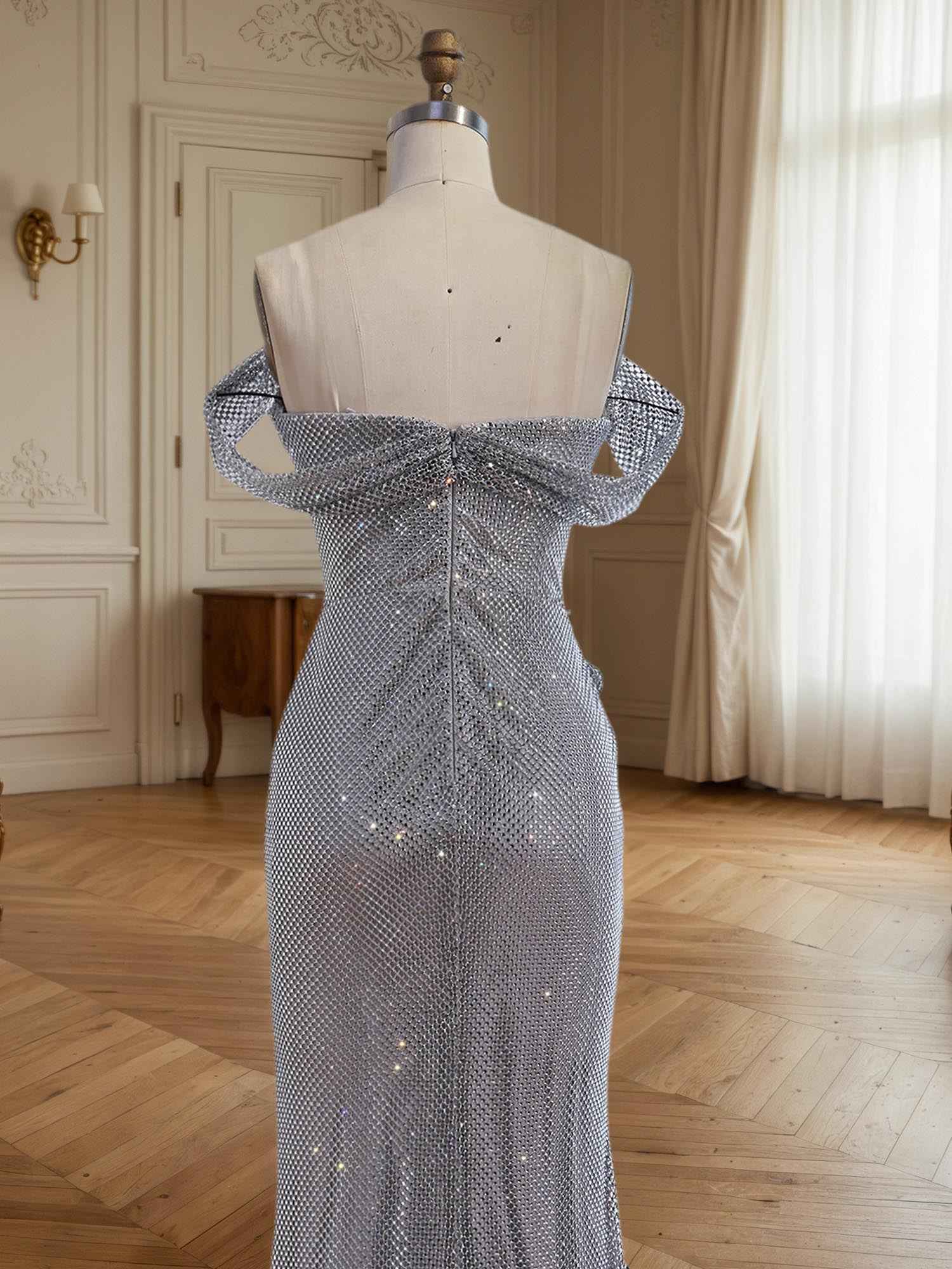 Sparkly Off-the-Shoulder Mesh Ruched Bodice Long Prom Dress with High Slit