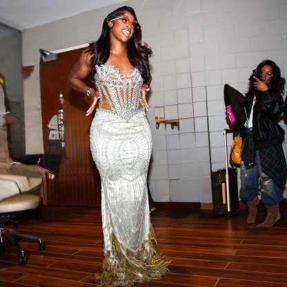 The Silver Goddess - 2026 Crystal Illusion Mermaid Gown: Sweetheart Neckline with Sheer Crystal Corset & Champagne Feather Cathedral Train