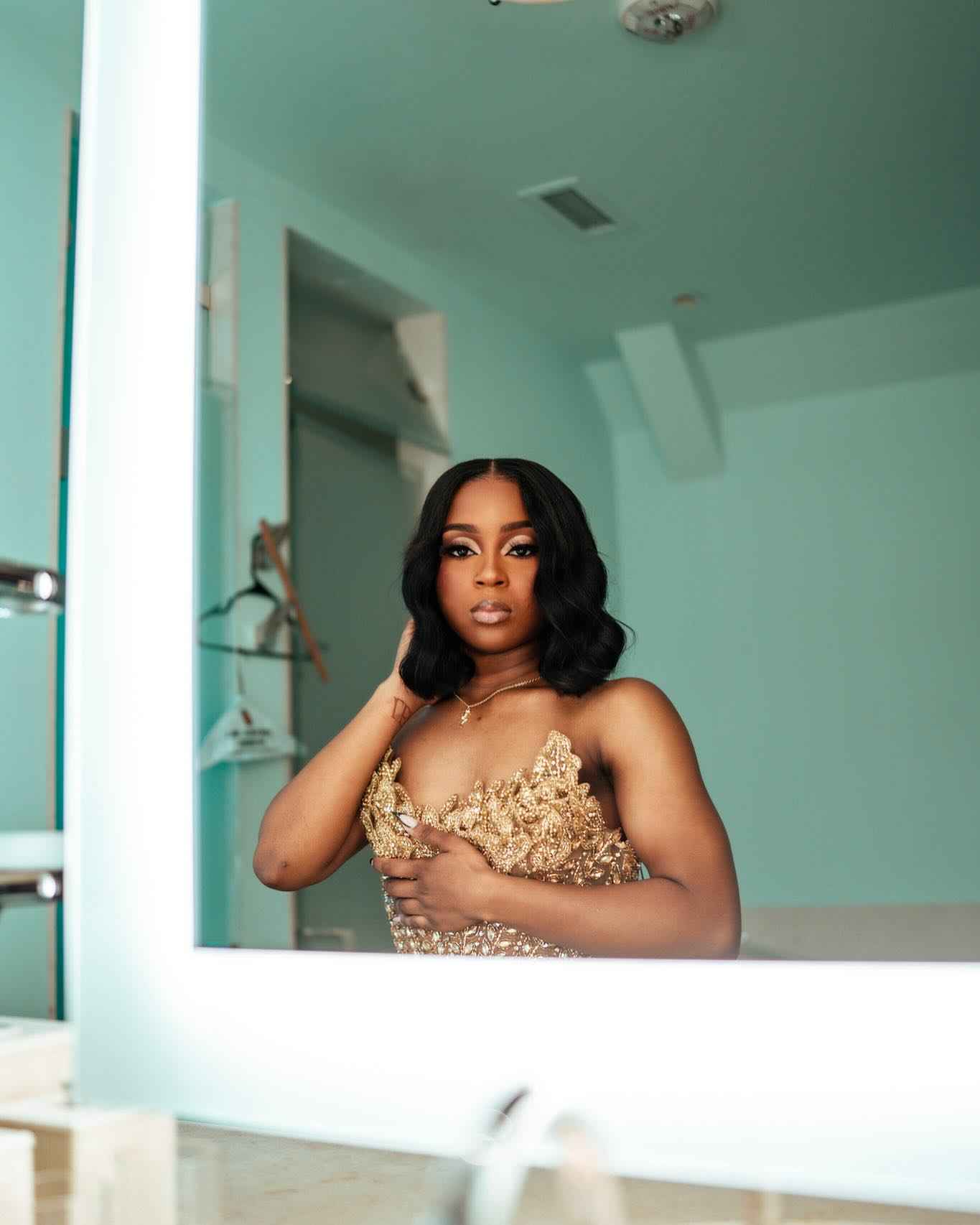 Champagne Elegance - Beaded Mermaid Prom Dress with Lace-Up Back