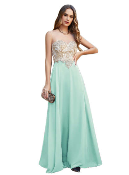 A-line Scoop Chiffon Appliques Floor-Length Dresses Dark Navy-BMbridal