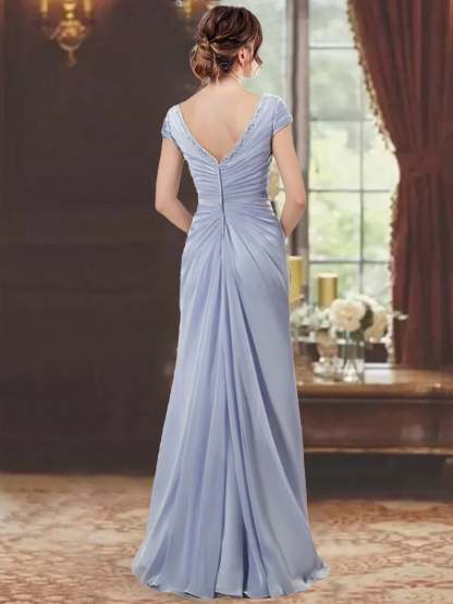 V-Neck Short-Sleeve Floor-Length Sheath Dress for the Mother of the Bride with Ruffles and Appliques-BMbridal