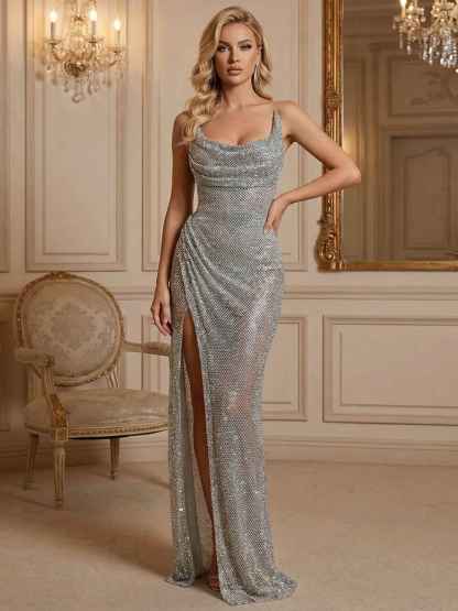 Silver Sequin Cowl Neck Ruched Long Prom Dress with High Slit