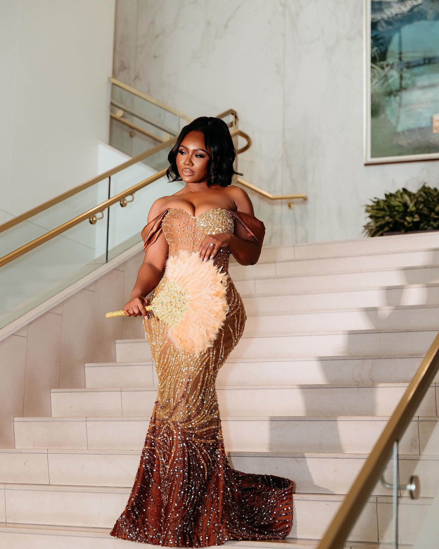 Golden Sunset - Ombre Beaded Mermaid Prom Dress with Feather Trim