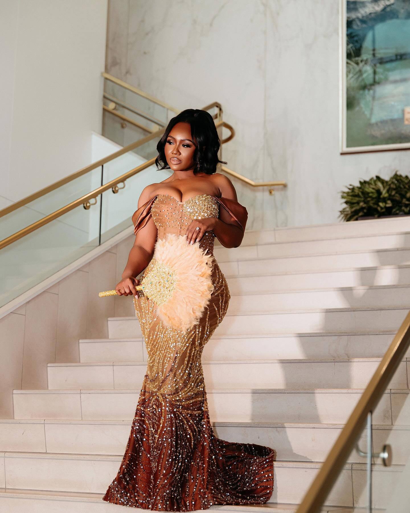 Golden Sunset - Ombre Beaded Mermaid Prom Dress with Feather Trim