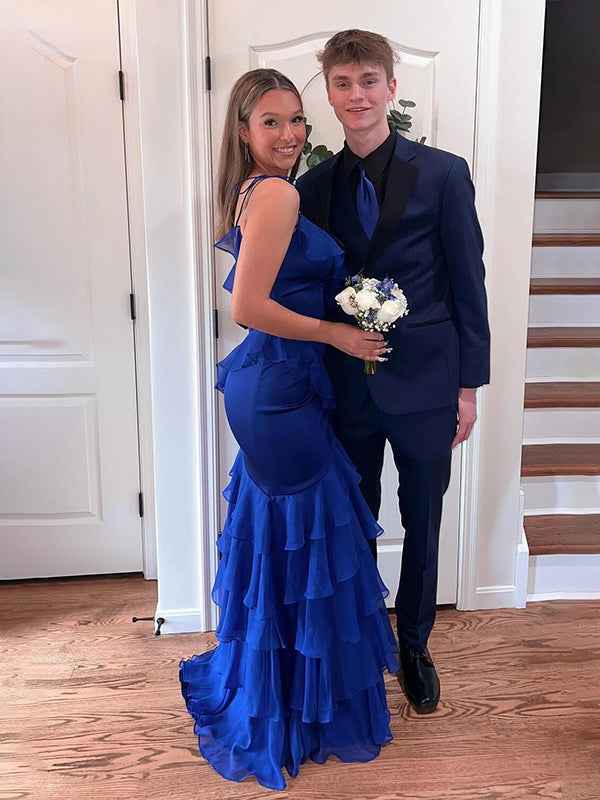 Fuchsia Mermaid Spaghetti Straps Ruffles Long Prom Party Dress