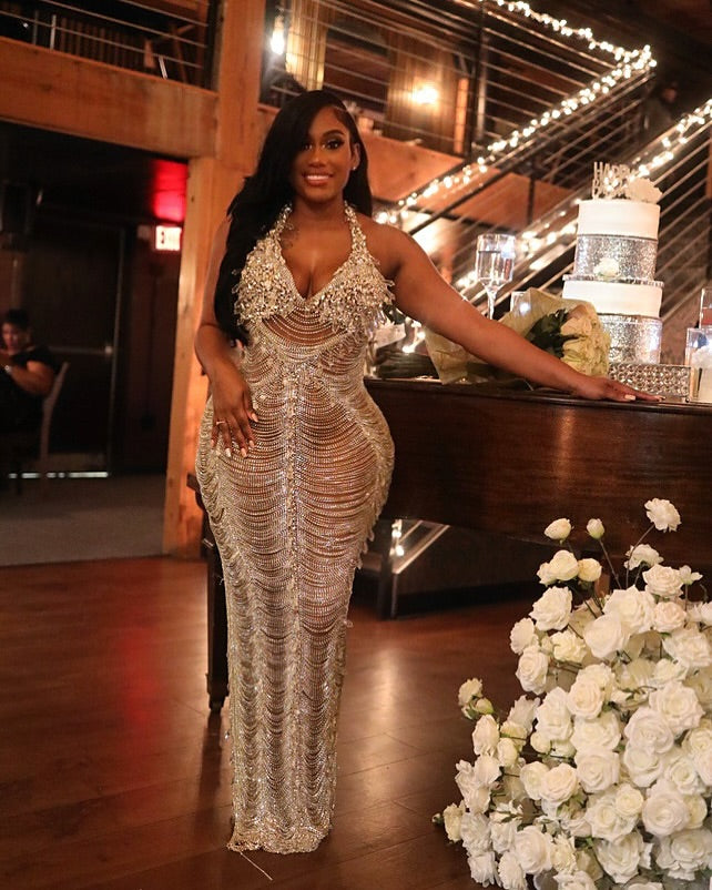 The Diamond Masterpiece - 2026 Luxury Silver Crystal Halter Illusion Mermaid Gown: Plunging Halter Neckline with Sheer Bodice, Scalloped Beadwork & Open Back