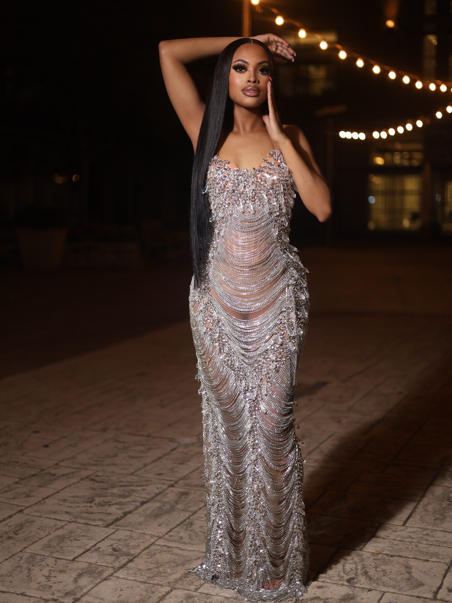 The Platinum Goddess - 2026 Luxury Silver Crystal Fringe Illusion Column Gown: Off-Shoulder Crystal Draping with Sheer Bodice & Floor-Length Fringe