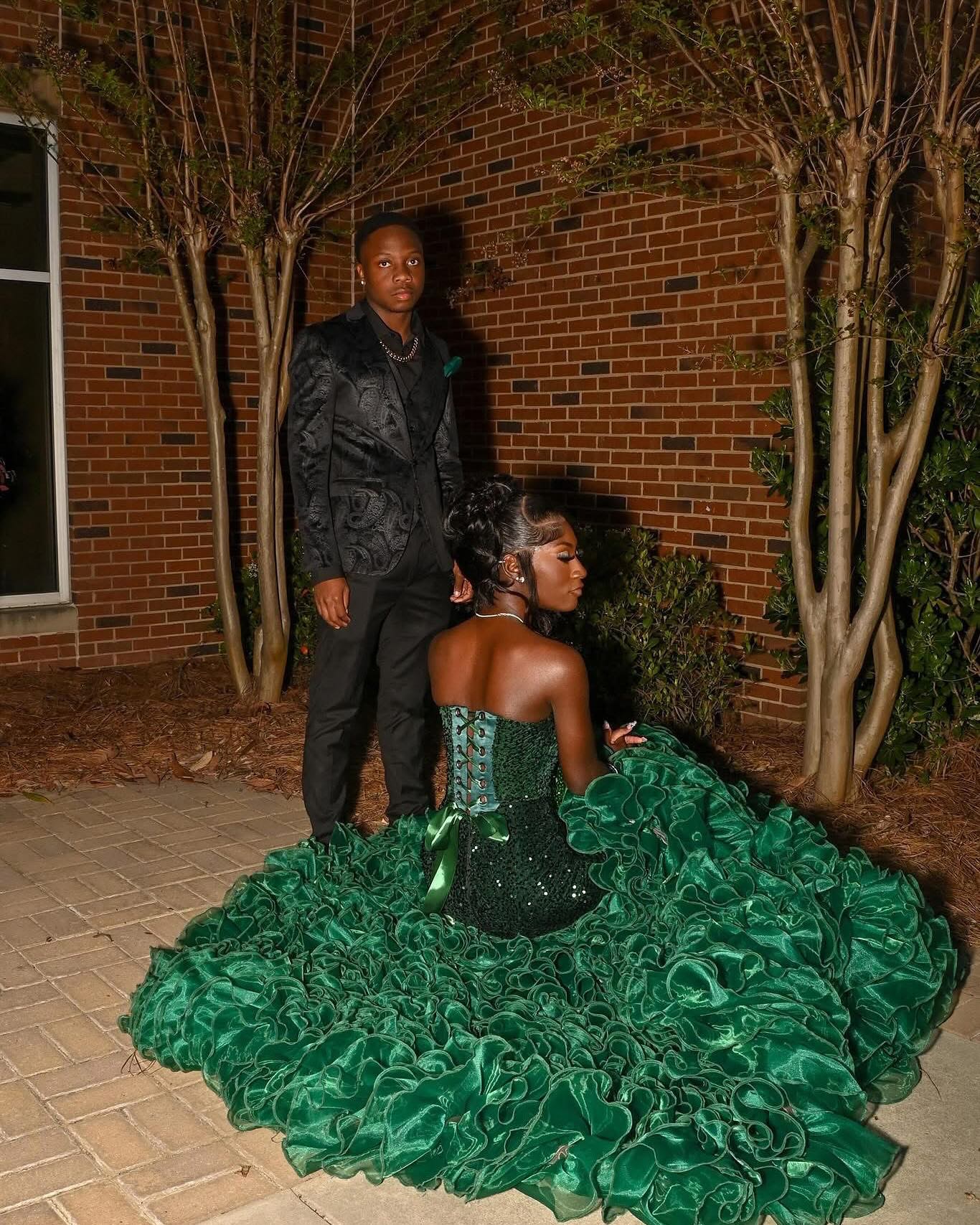 Emerald Forest Royale - 2026 Deep Green Sequin Mermaid Gown with Corset Back & Cloud-Ruffle Train