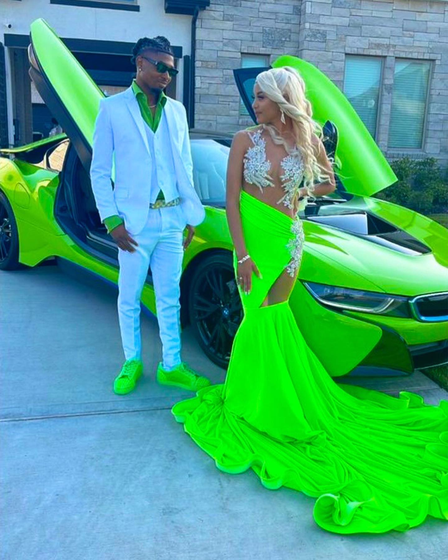 The Electric Lime Empress Gown - 2026 Neon Velvet Mermaid with Floating Silver Crystal Appliques & Infinite Petal Train