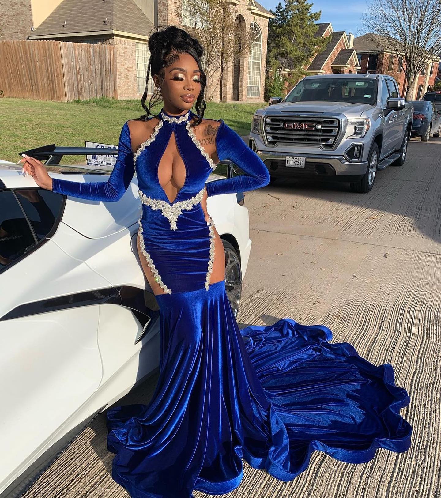 The Sapphire Siren - 2026 Royal Blue Stretch Velvet Mermaid Gown with Illusion Cut-Outs & Crystal Vine Trim