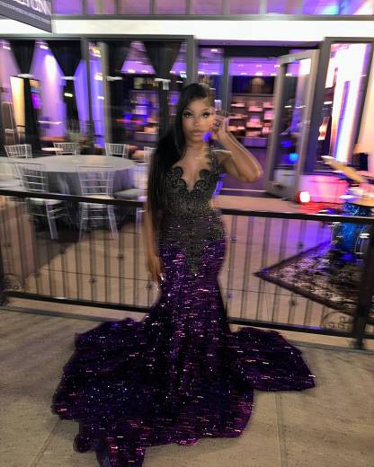 The Midnight Amethyst - 2026 Ombré Mermaid Gown: Black Filigree Lace & Iridescent Purple Sequin Scalloped Train