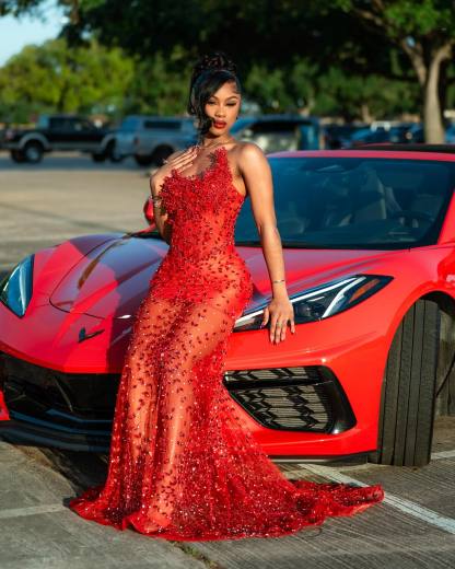 Red Hot - Sheer Illusion Beaded Mermaid Prom Dress with 3D Florals