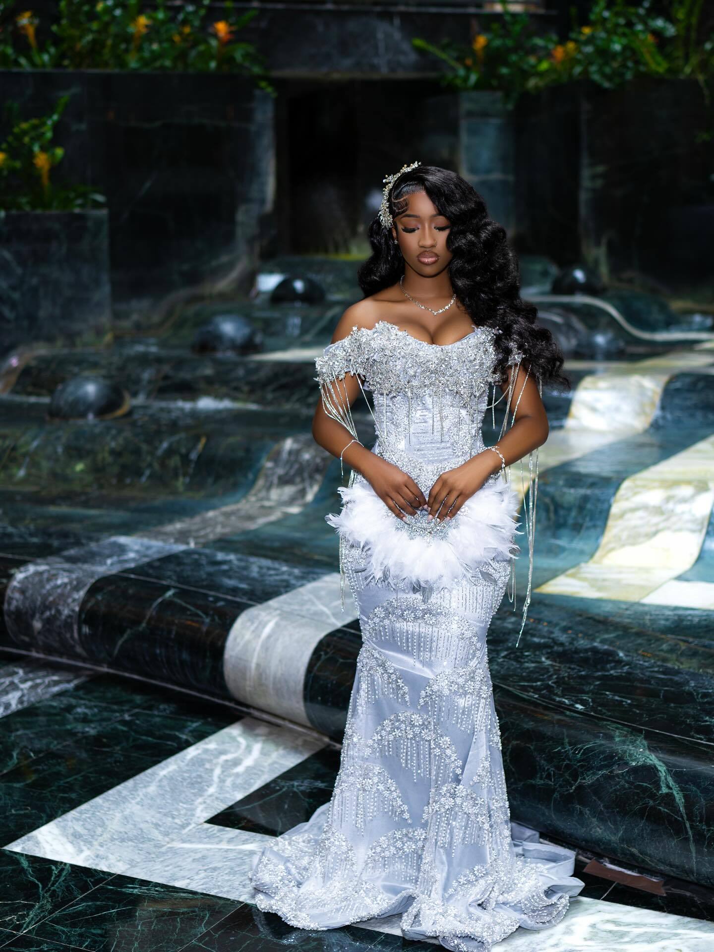 Luxury Glacial Silver Beaded Prom Dress – Crystal Fringe Mermaid Gown with Feather Accents | 2026 Couture Evening Collection