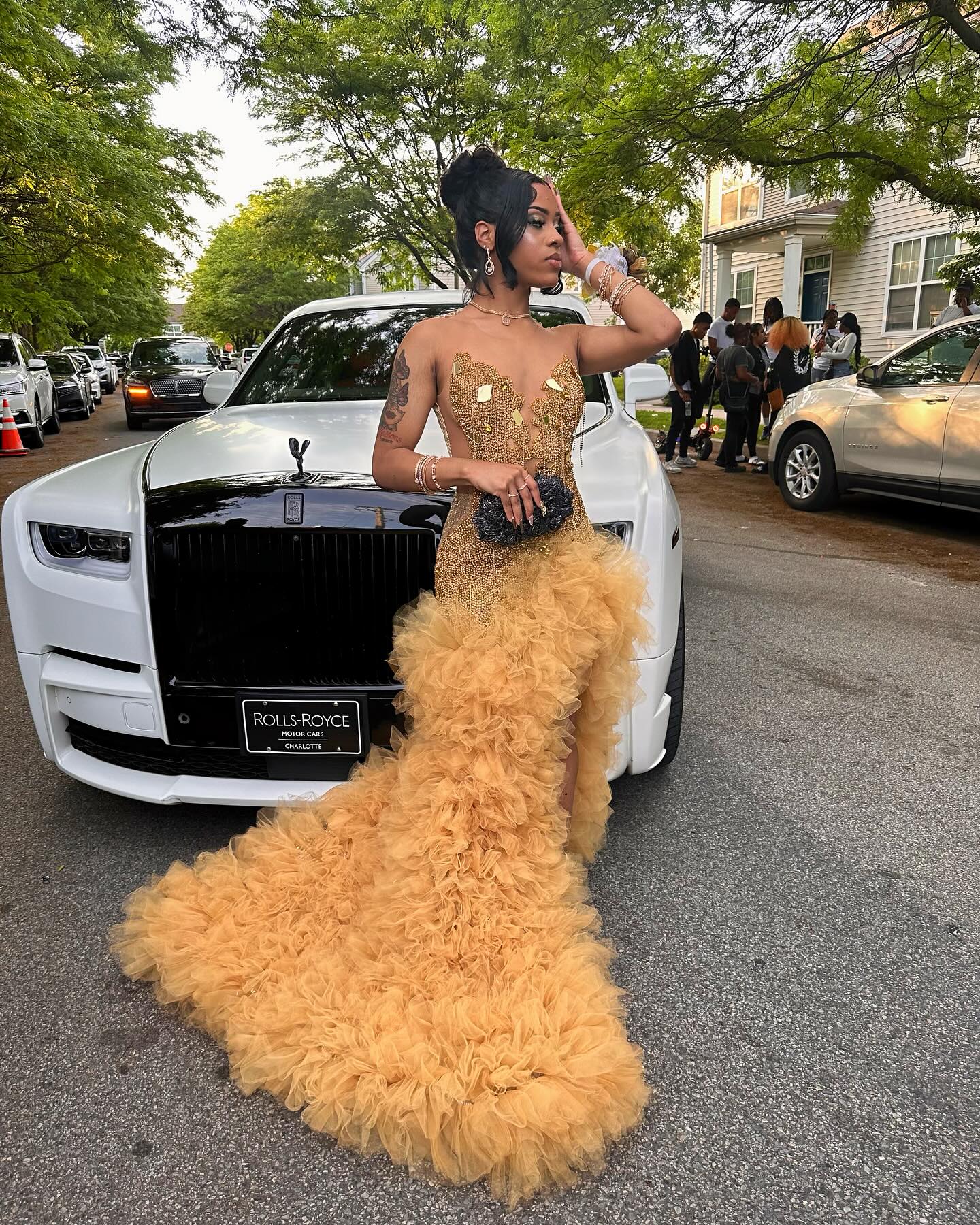 24K Goddess Gold Crystal Gown - 2026 Ruffled Tulle Mermaid Prom Dress with Illusion Bodice