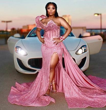 Pink Dream - Beaded Bow Mermaid Prom Dress with 3D Florals & Train