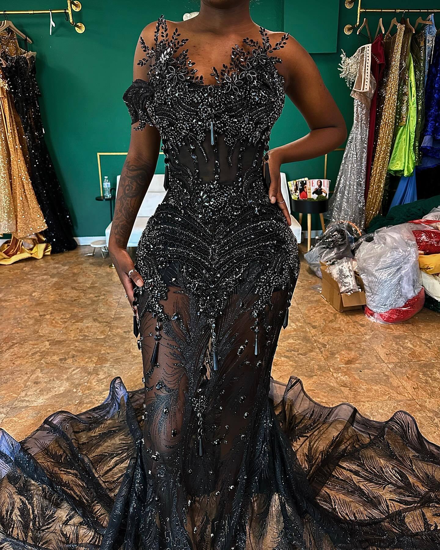 Black Elegance - 3D Floral Beaded Mermaid Prom Dress with Ruffle Train