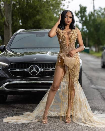 Golden Goddess - Luxury Beaded Mermaid Prom Dress with 3D Florals & Fringe
