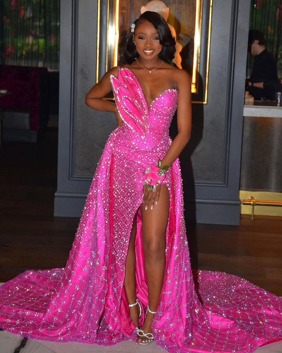 Hot Pink Sparkle - Sequined Prom Dress with One Shoulder & High Slit