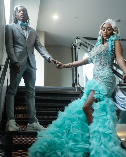 Tiffany Blue Crystal Mermaid Gown - 2026 3D Leaf Bodice & Explosive Ruffle Tiered Prom Dress