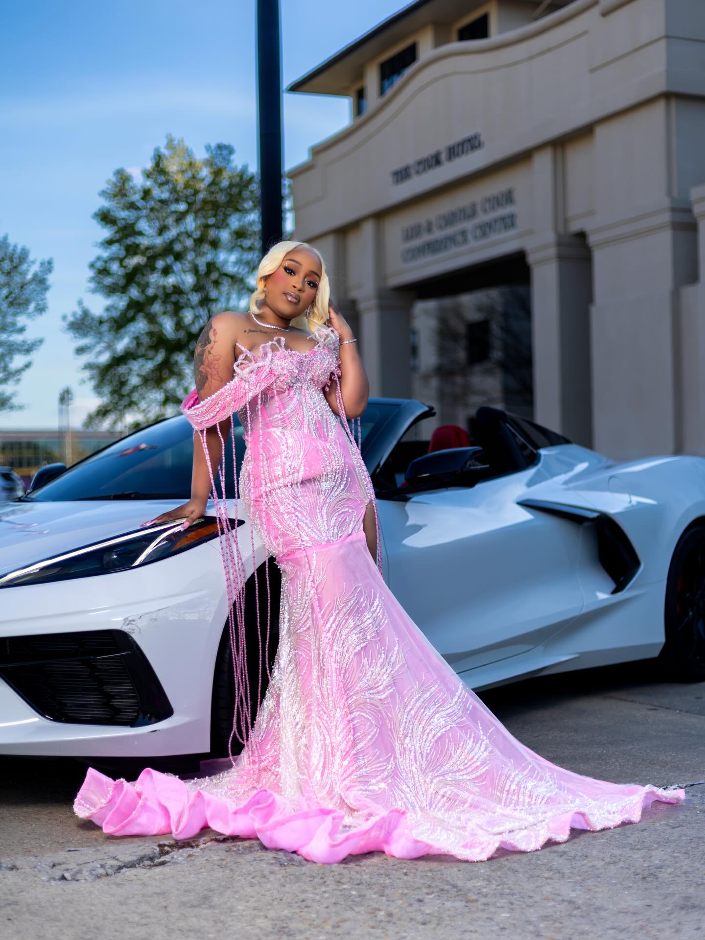 Pink Sequin Beaded Mermaid Prom Dress with Fringe Details