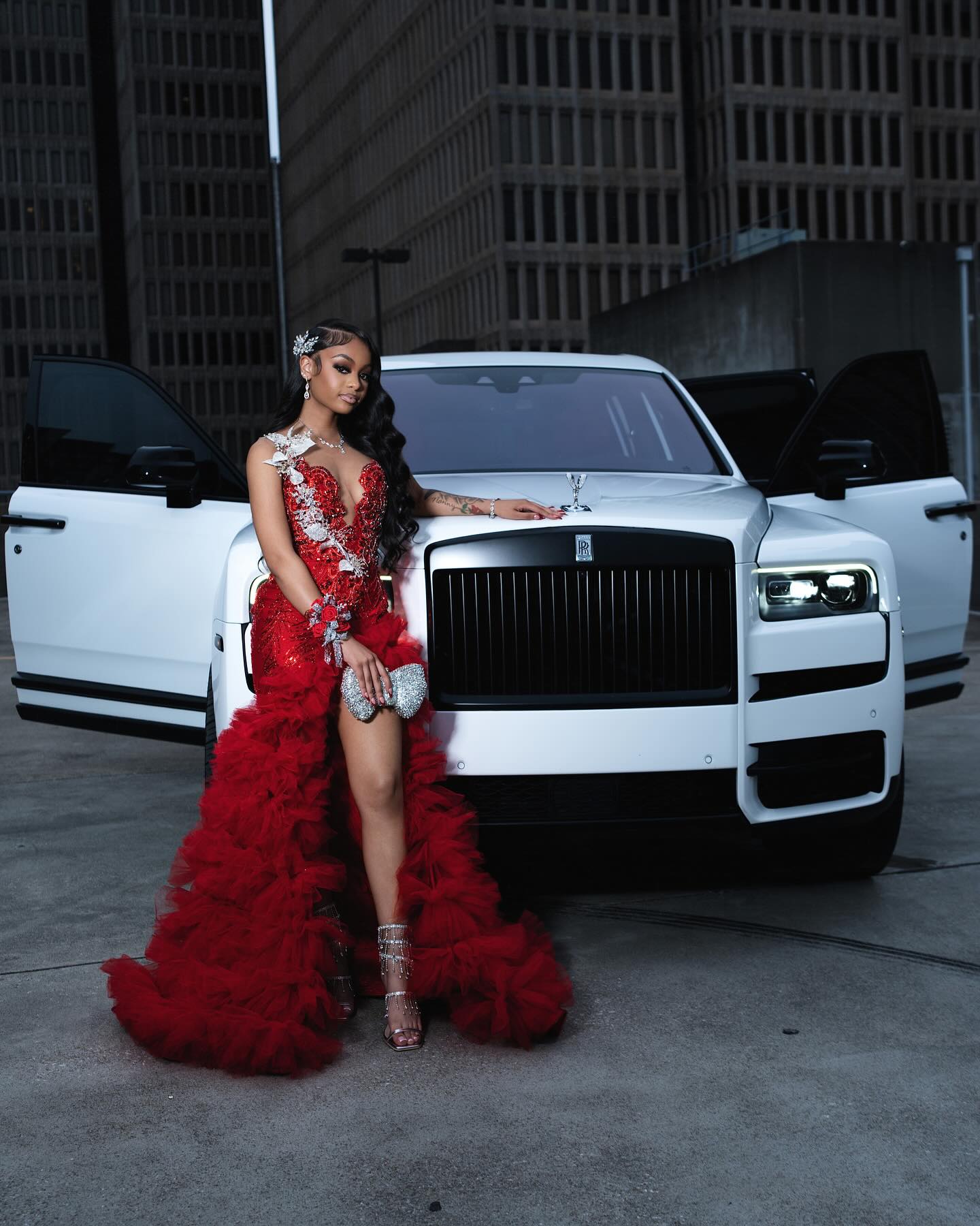 Scarlet Empress Red Sequin Gown – 3D Silver Lace & Tiered Ruffle Train