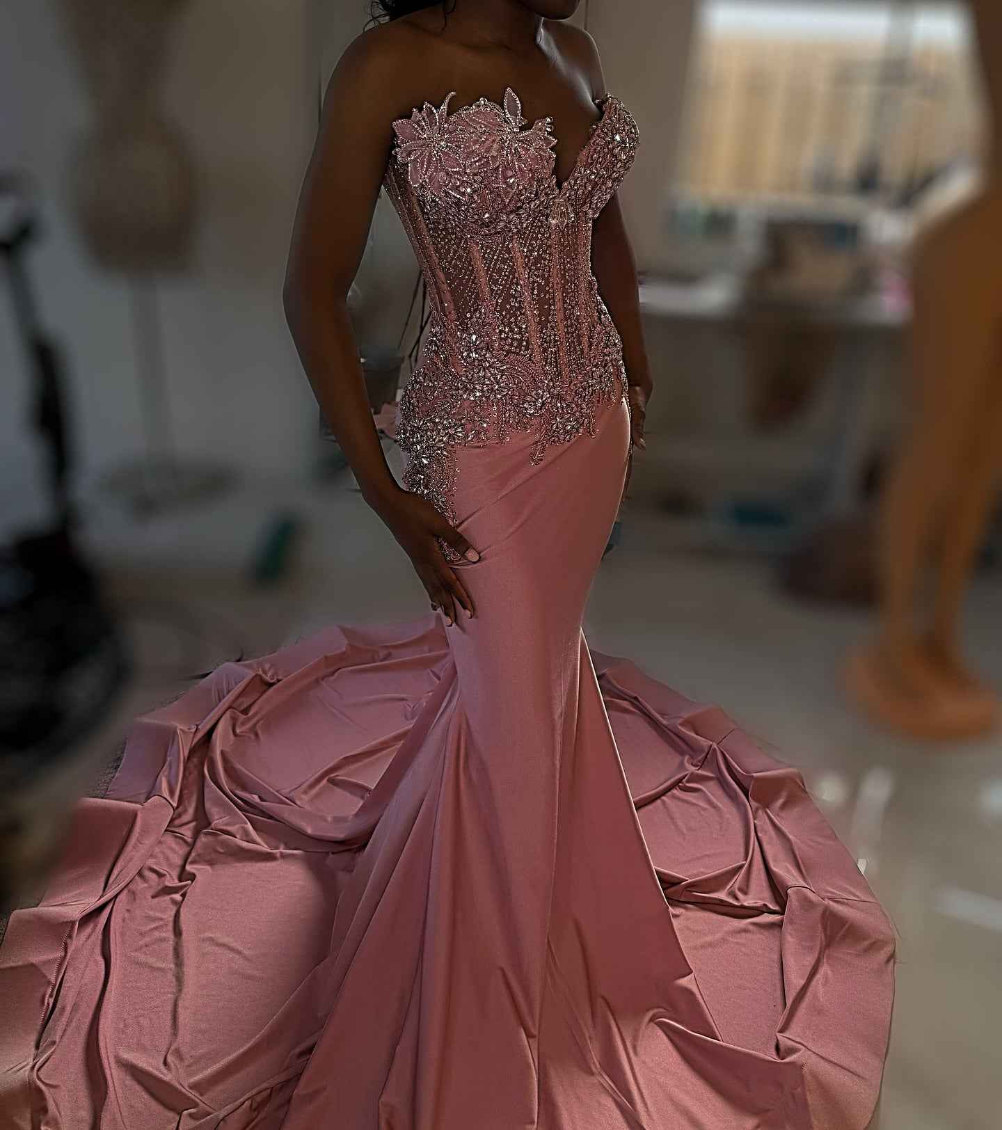 Rose Garden Dreams - Beaded Floral Mermaid Prom Dress with Ruffled Train