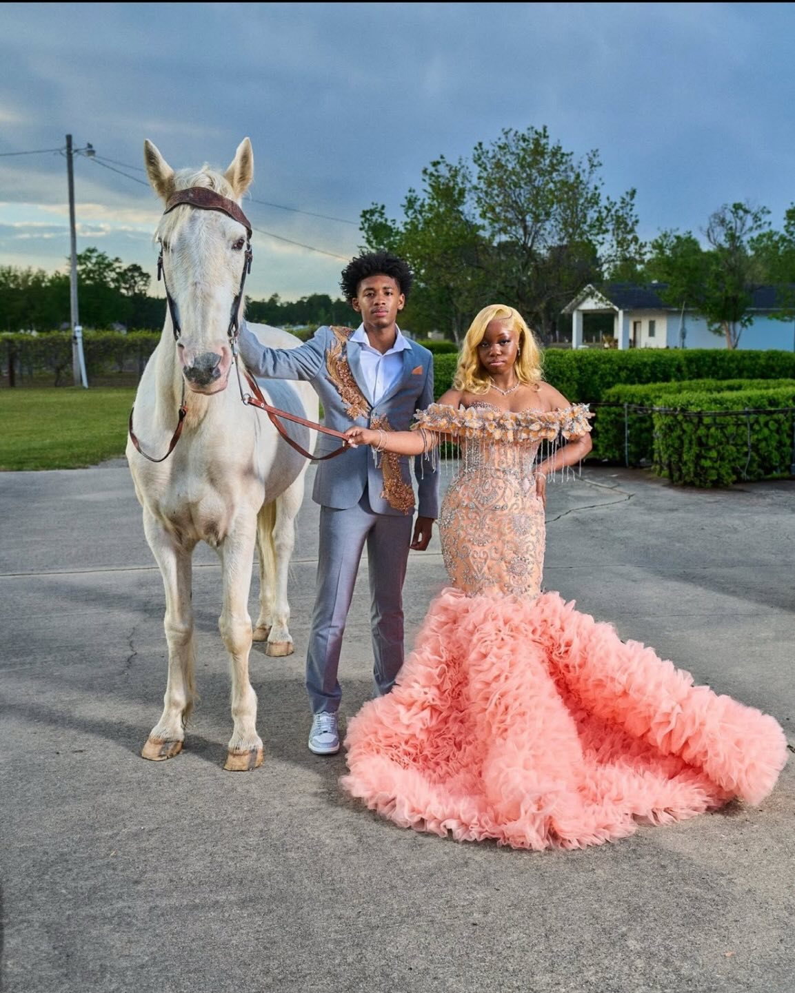 Peach Sunset Crystal Mermaid Gown - 2026 Off-the-Shoulder Fringe & Cloud-Ruffle Prom Dress