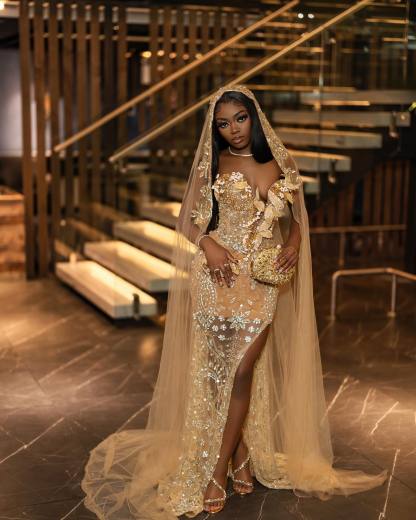 Luxury Champagne Gold Hooded Prom Dress – 3D Floral Appliqué Mermaid Gown with Cathedral Veil & High Slit | 2026 Couture Gala Collection