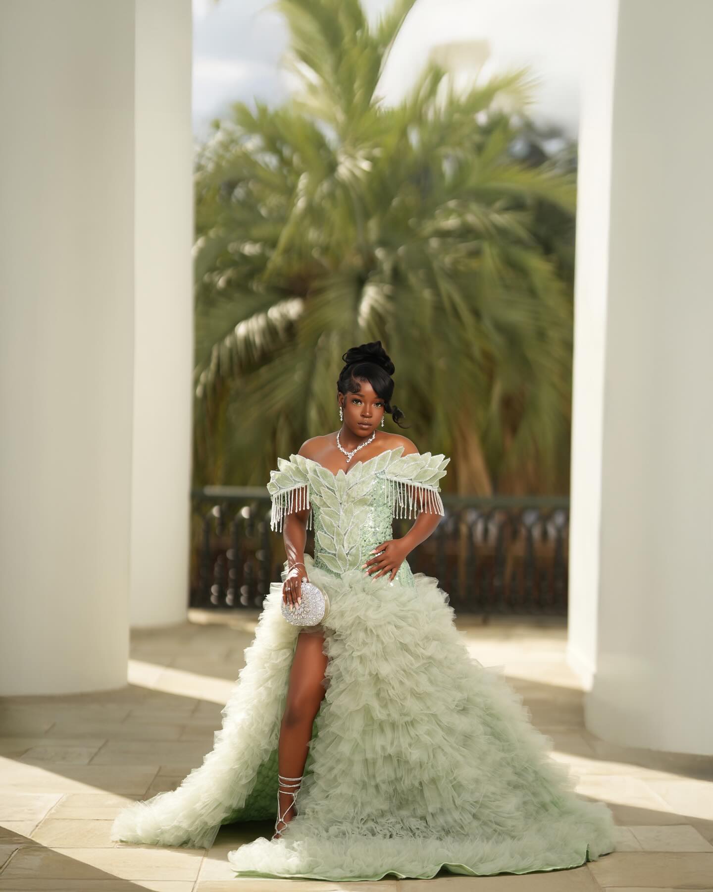 Mint Green Off-Shoulder Sequin Beaded Prom Dress with 3D Leaf Applique & Ruffle Tulle Train
