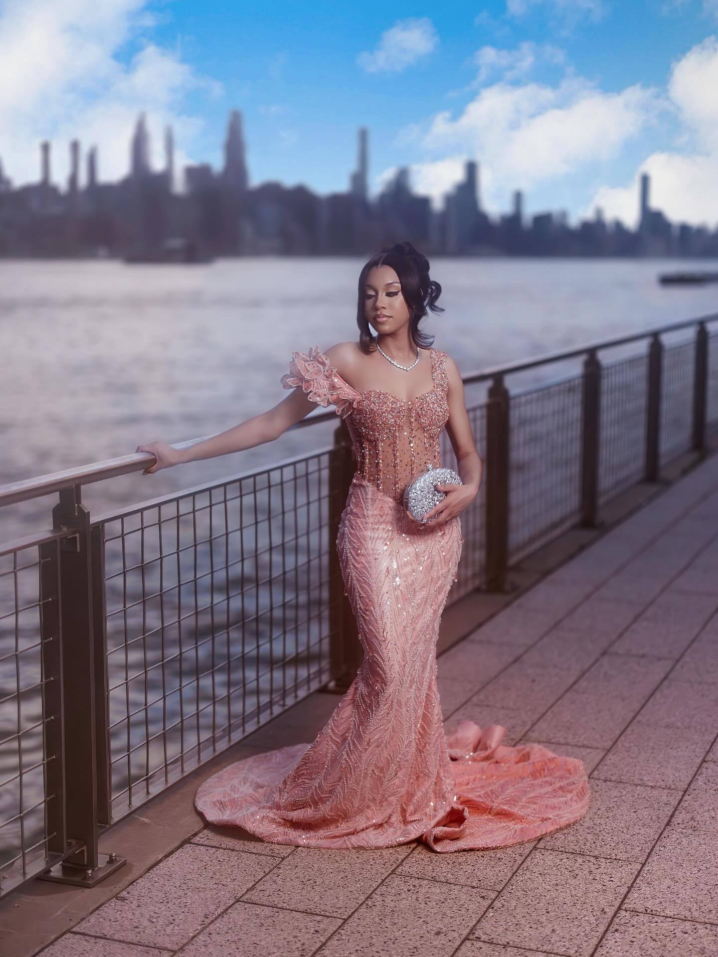 2026 Peach Pink Mermaid Prom Dress – 3D Floral One-Shoulder Detail & Pearl Beaded Bodice | Luxury Illusion Evening Gown with Cathedral Train